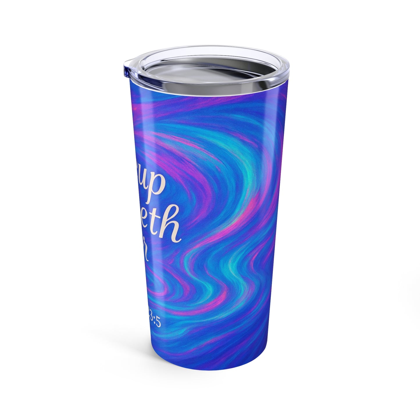 Bluish Swirls Tumbler - My Cup Runneth Over, Personalized Travel Cup, Stylish Drinkware, Psalm 23:5 Gift, Vibrant Colorful Tumbler