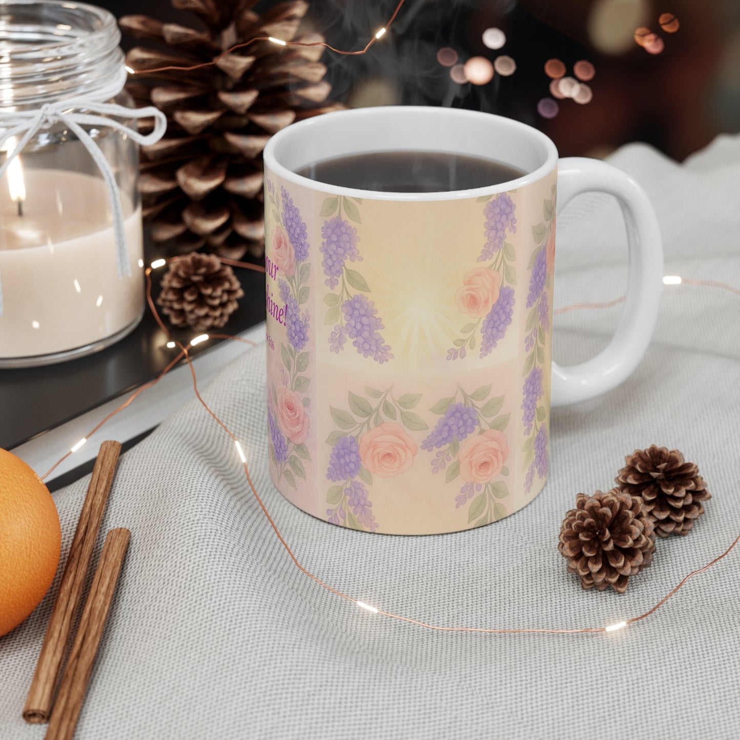 Mug - Floral Inspirational Pink and Purple Flowers, Let Your Light Shine, Matthew 5:16 Gift