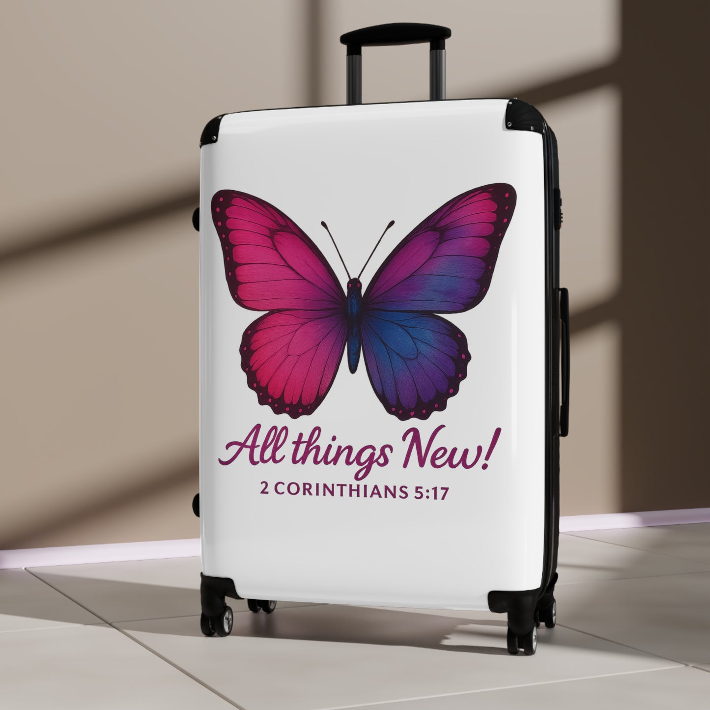 Butterfly-Design Suitcase, All Things New Inspirational Luggage, 2 Corinthians 5:17, Stylish Travel Accessory