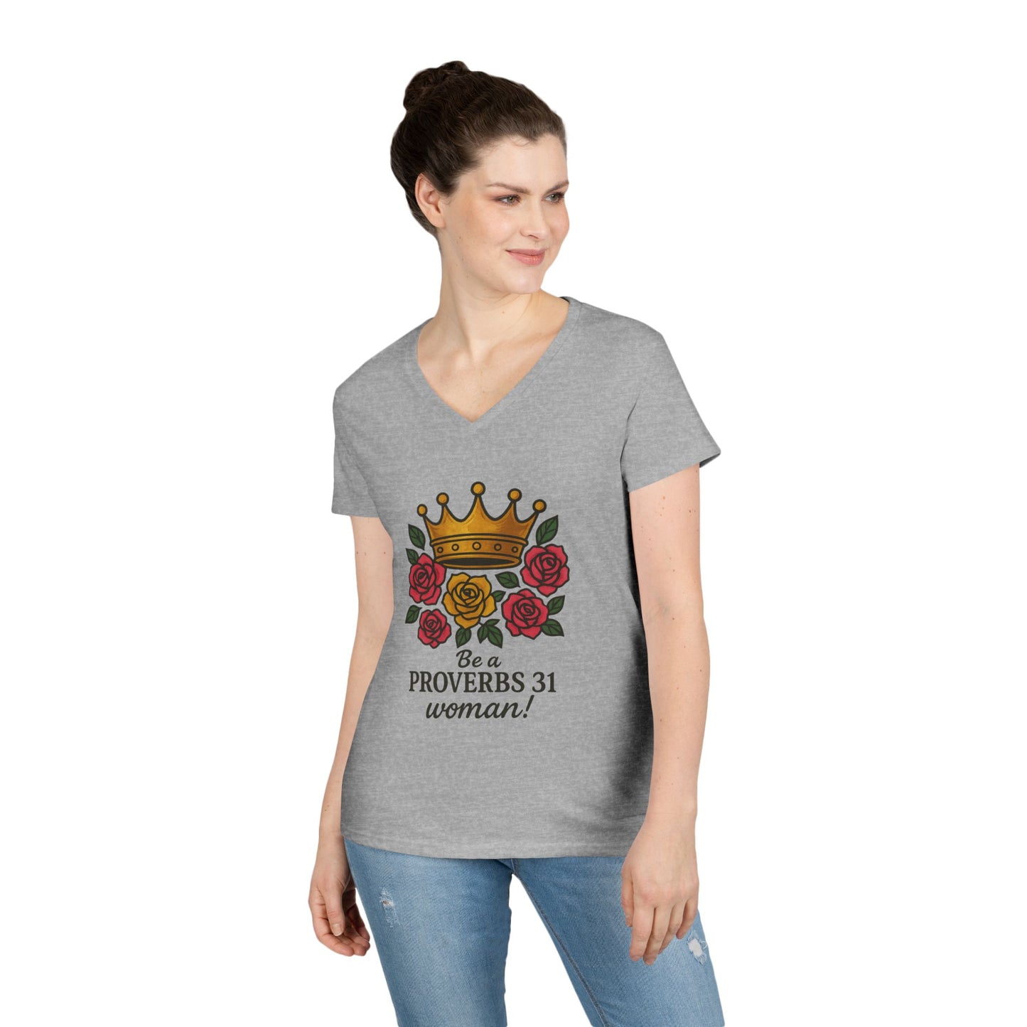 Proverbs 31 Inspirational V-Neck T-Shirt, Motivational Shirt for Women, Empowerment Tee, Gift for Her, Faith-Based Fashion