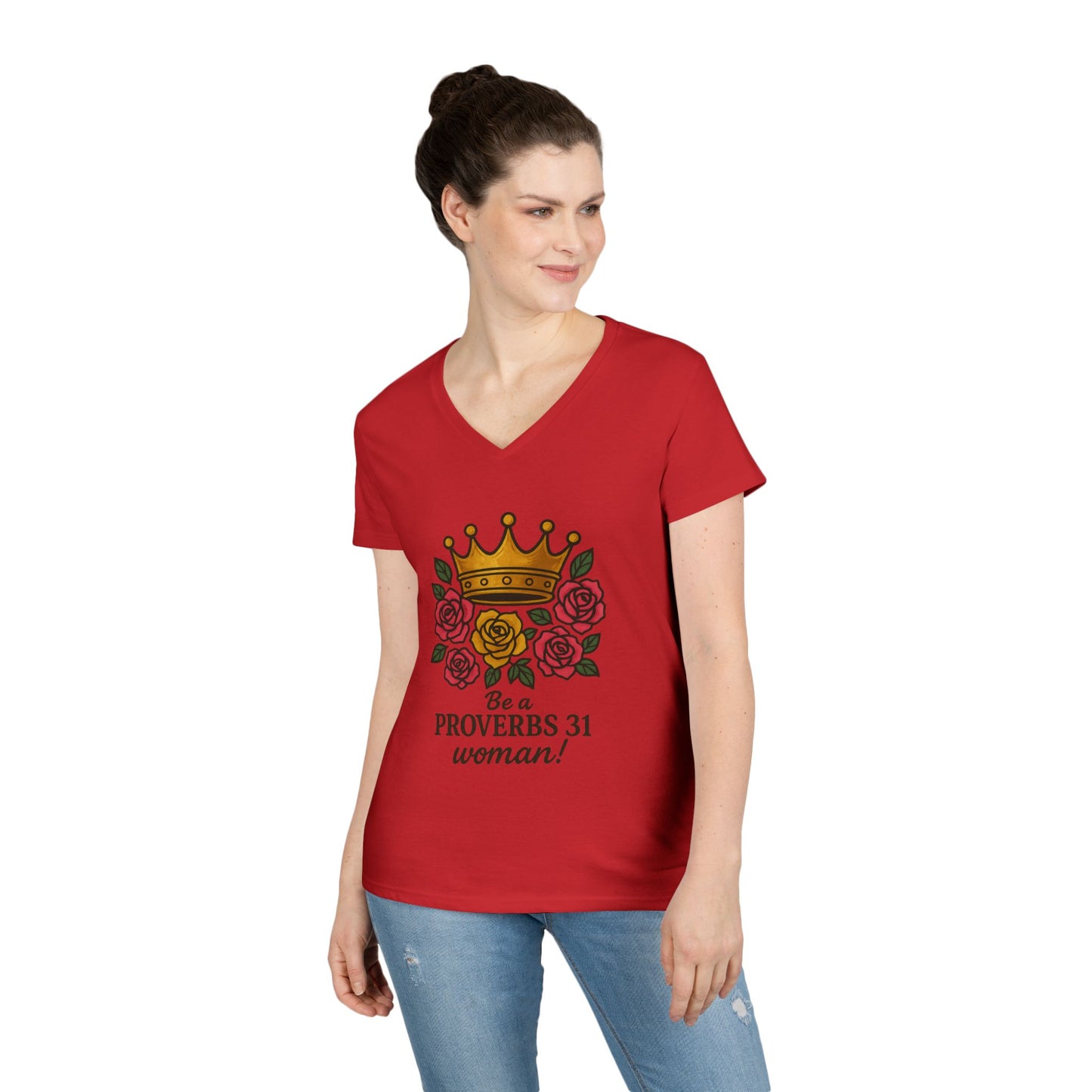 Proverbs 31 Inspirational V-Neck T-Shirt, Motivational Shirt for Women, Empowerment Tee, Gift for Her, Faith-Based Fashion