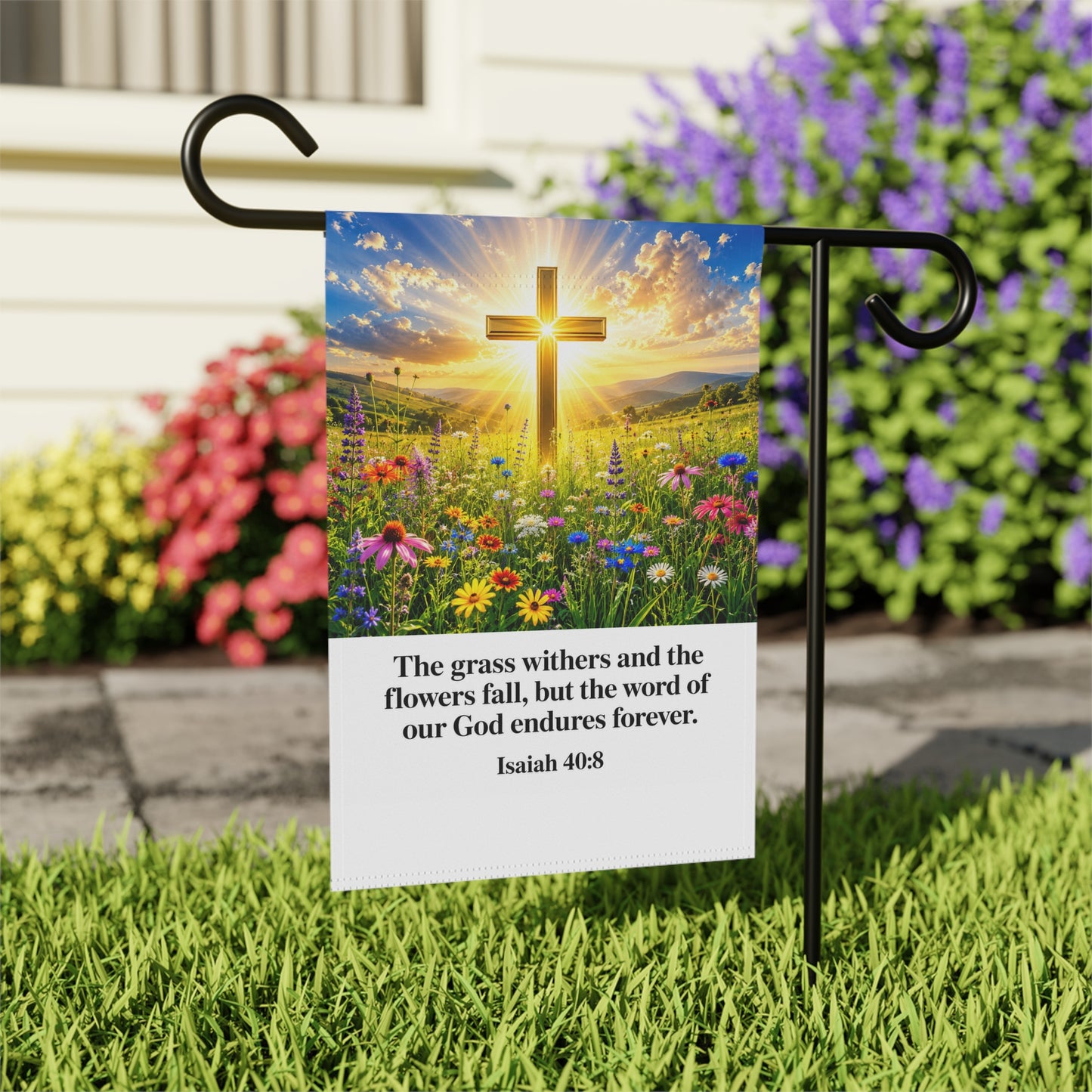 Christian Garden Flag — Isaiah 40:8 Cross Floral House Banner
