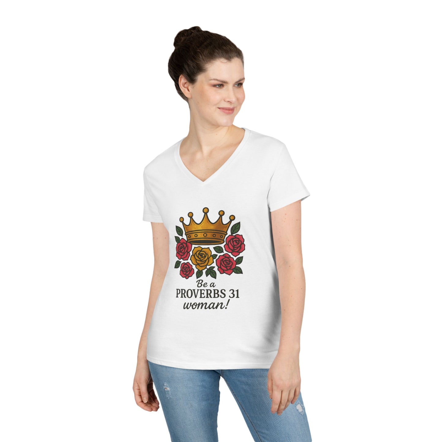 Proverbs 31 Inspirational V-Neck T-Shirt, Motivational Shirt for Women, Empowerment Tee, Gift for Her, Faith-Based Fashion