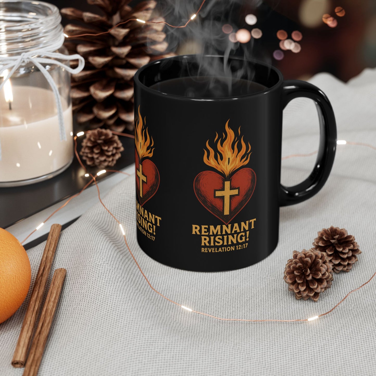 Remnant Rising! Coffee Mug — Flaming Heart & Cross (Revelation 12:17)