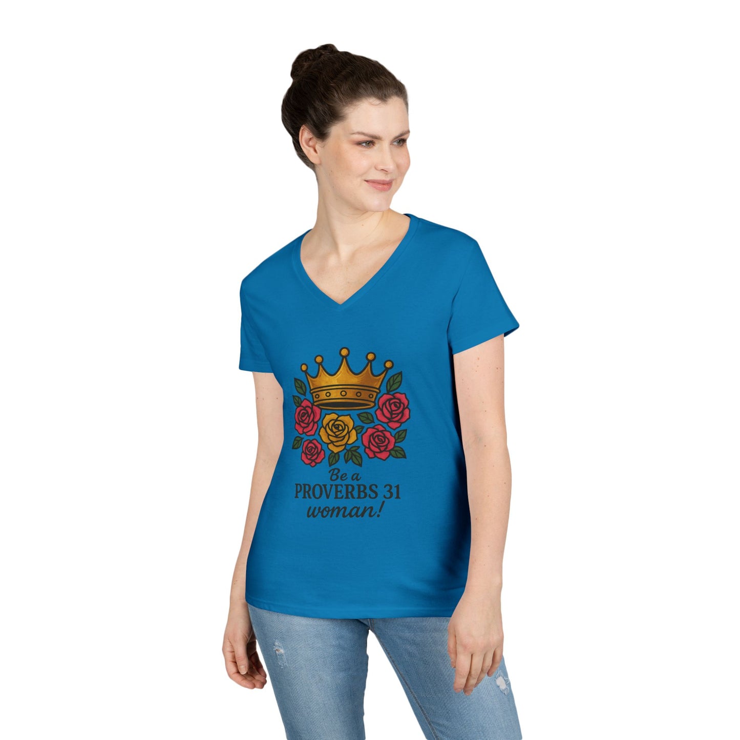 Proverbs 31 Inspirational V-Neck T-Shirt, Motivational Shirt for Women, Empowerment Tee, Gift for Her, Faith-Based Fashion