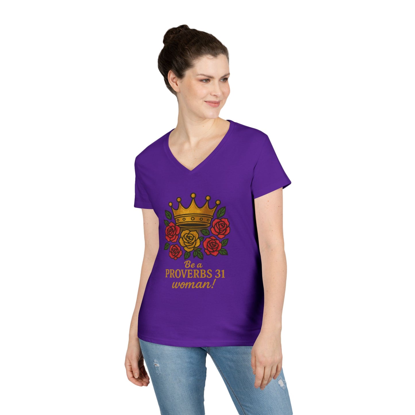 Proverbs 31 Inspirational V-Neck T-Shirt, Motivational Shirt for Women, Empowerment Tee, Gift for Her, Faith-Based Fashion