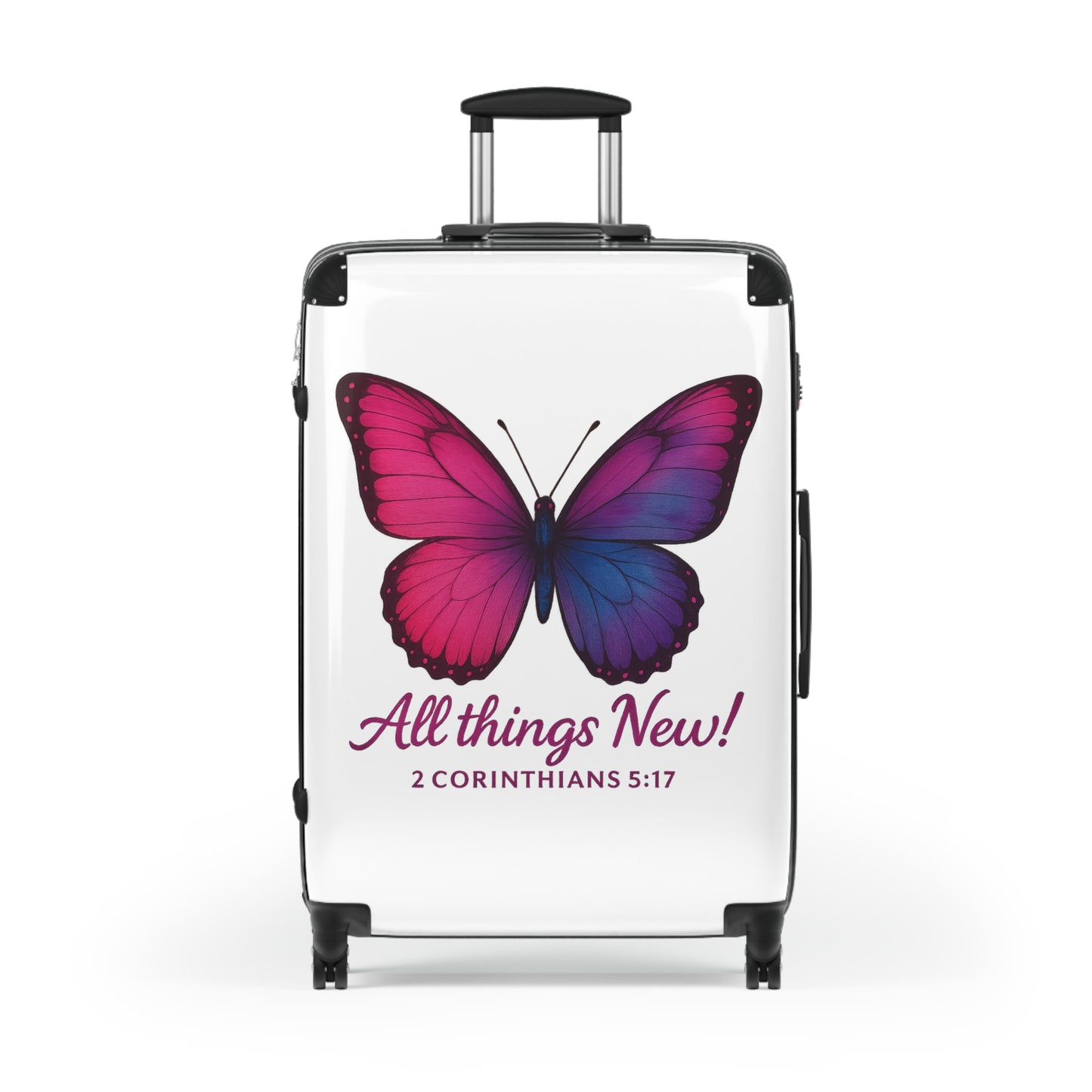 Butterfly-Design Suitcase, All Things New Inspirational Luggage, 2 Corinthians 5:17, Stylish Travel Accessory