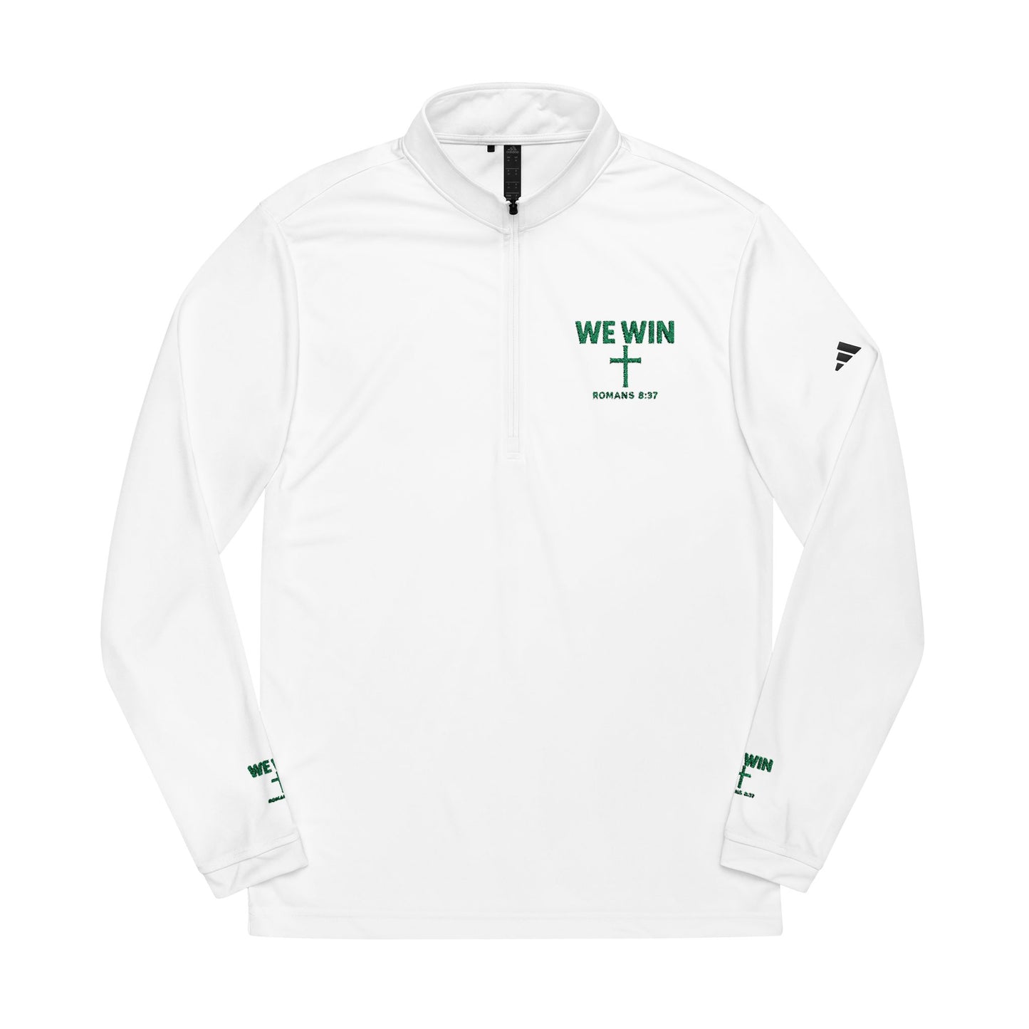 adidas Quarter-Zip Pullover Embroidered with 'We Win' Romans 8:37