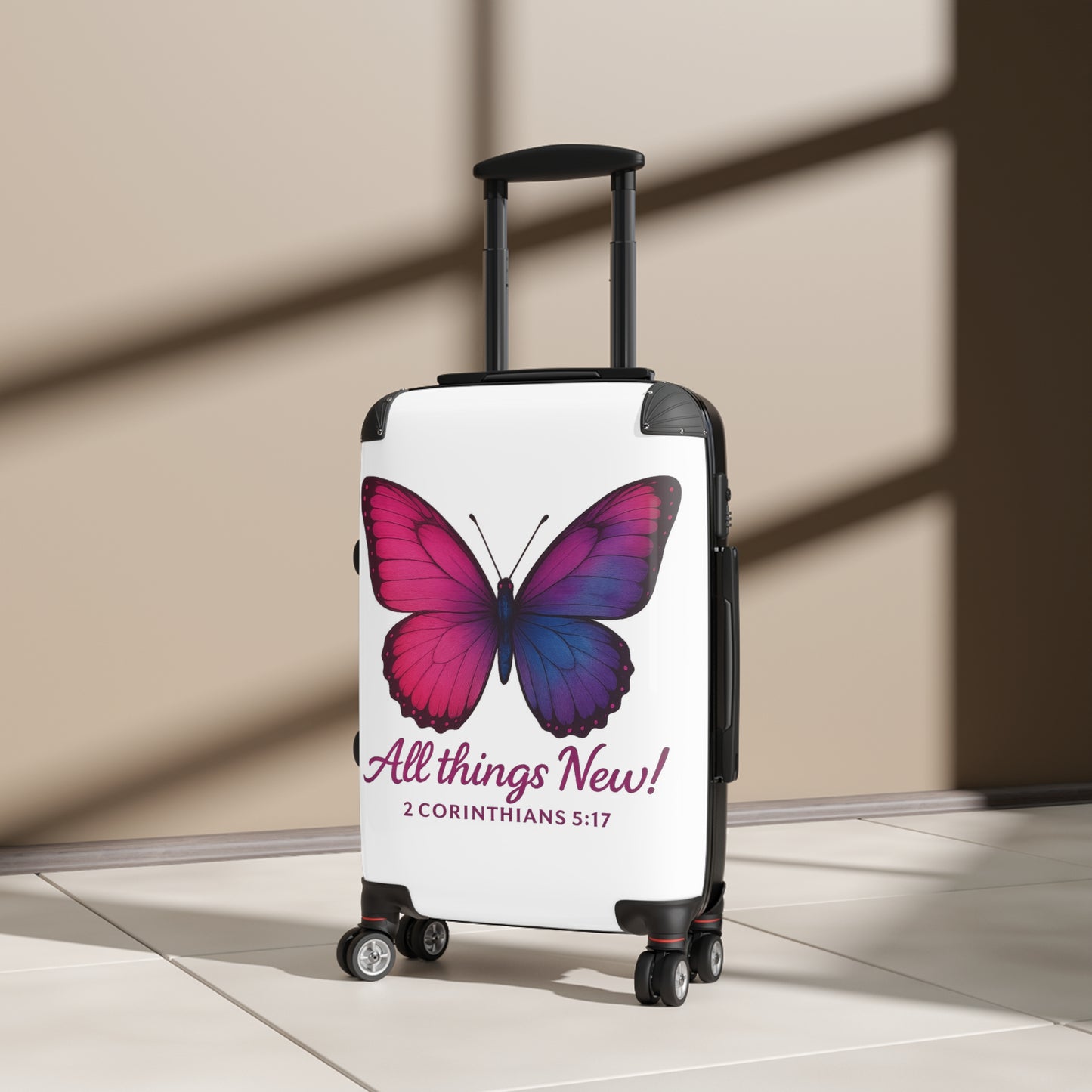 Butterfly-Design Suitcase, All Things New Inspirational Luggage, 2 Corinthians 5:17, Stylish Travel Accessory