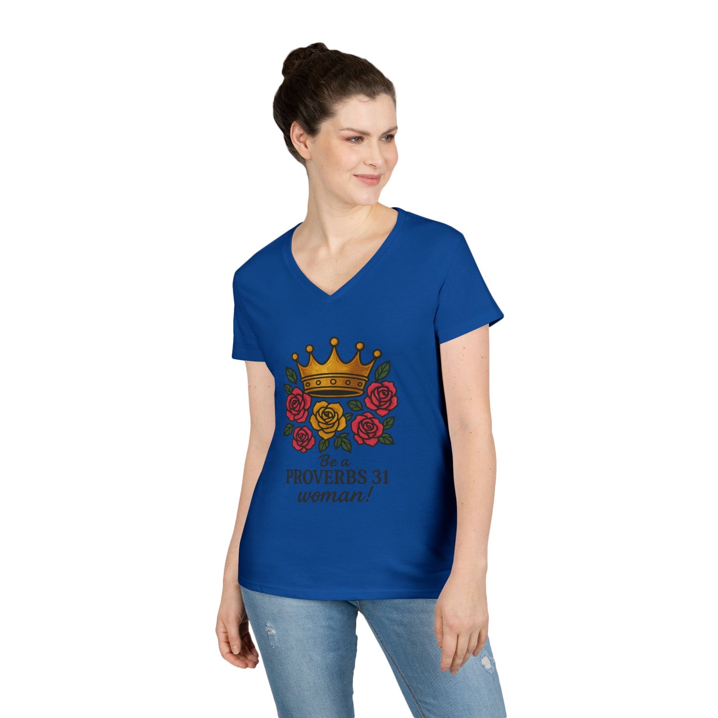Proverbs 31 Inspirational V-Neck T-Shirt, Motivational Shirt for Women, Empowerment Tee, Gift for Her, Faith-Based Fashion