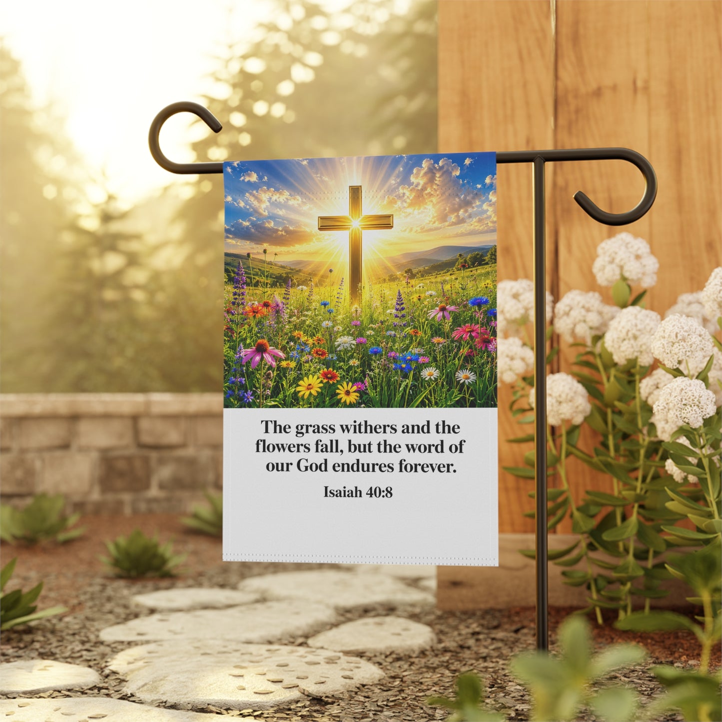 Christian Garden Flag — Isaiah 40:8 Cross Floral House Banner