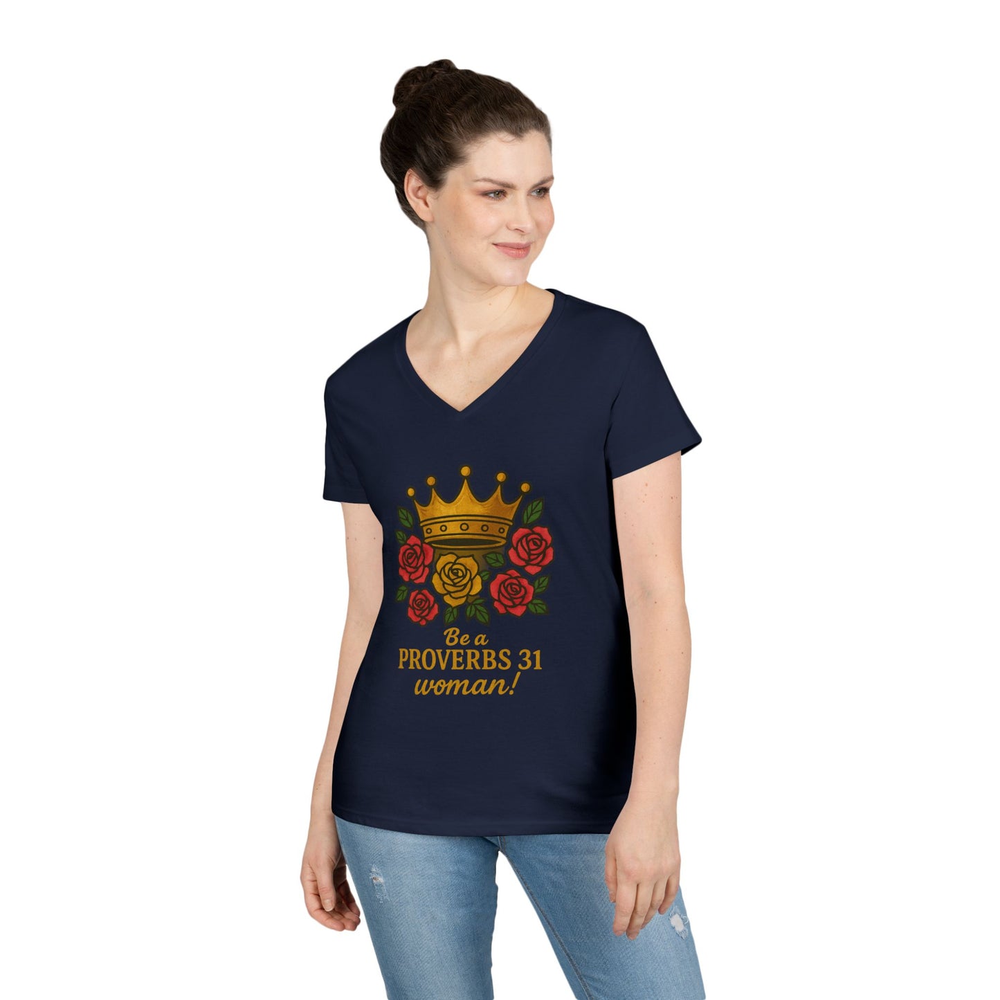 Proverbs 31 Inspirational V-Neck T-Shirt, Motivational Shirt for Women, Empowerment Tee, Gift for Her, Faith-Based Fashion