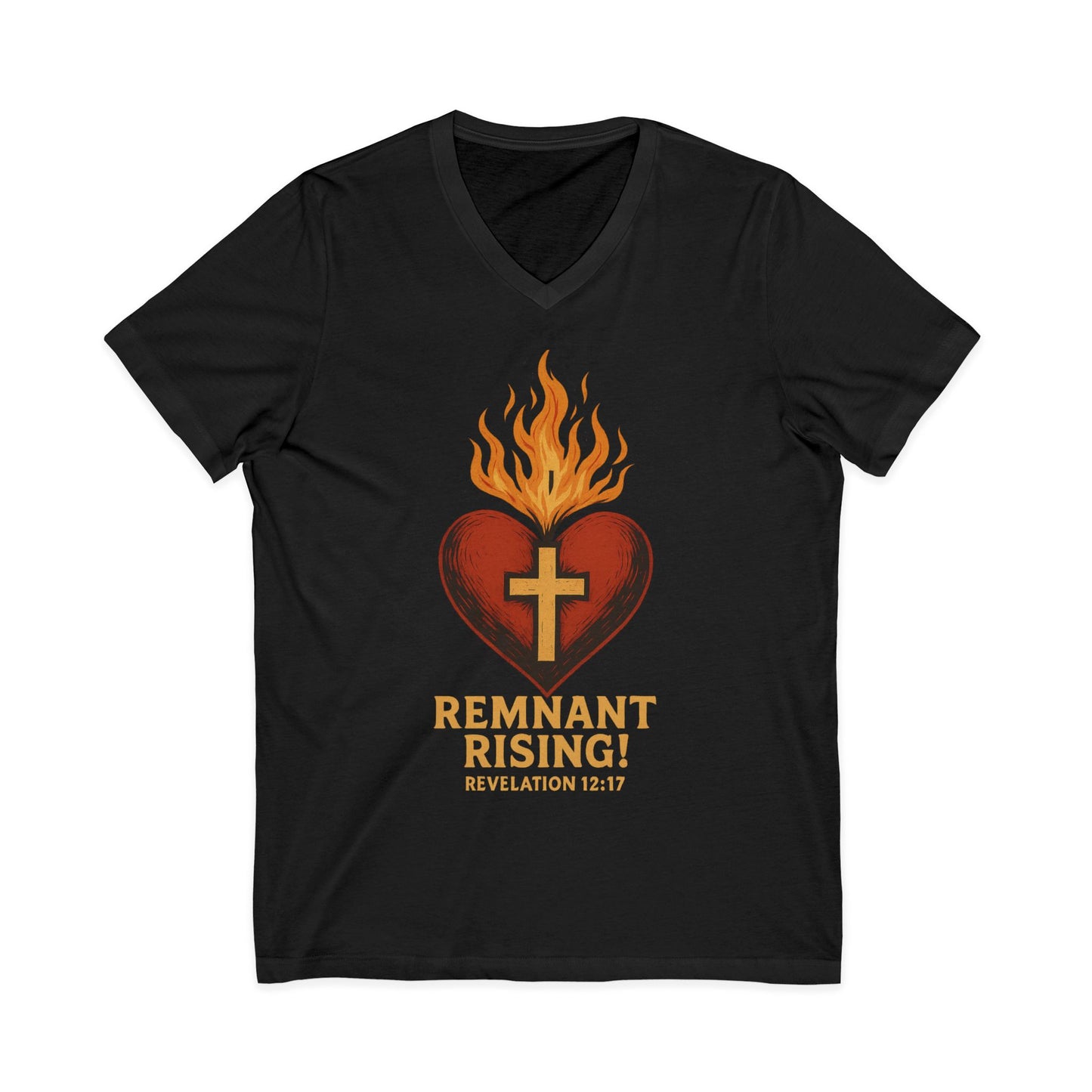 Remnant Rising! Christian V‑Neck T‑Shirt — Flaming Heart & Cross (Revelation 12:11)
