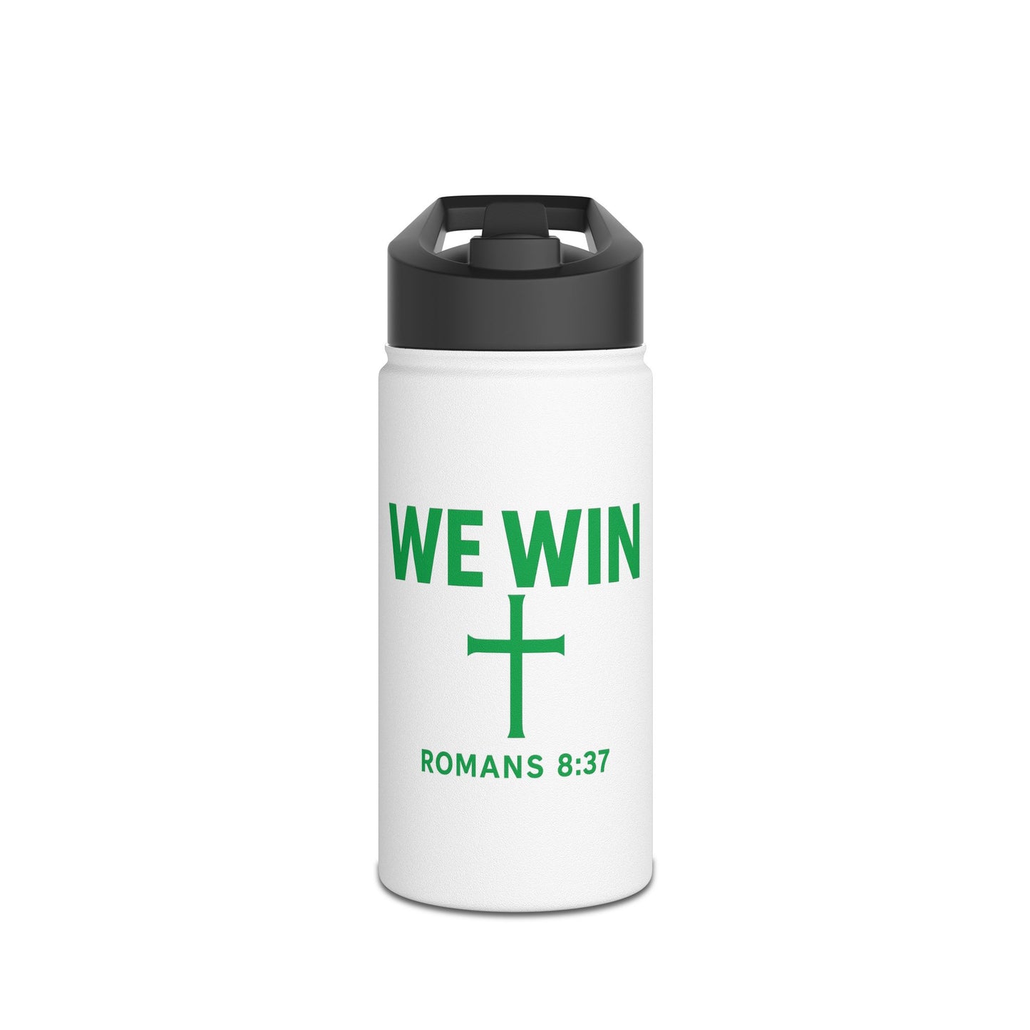 Water Bottle - Christian Inspirational Motivational Drink Container, 'We Win' Romans 8:37