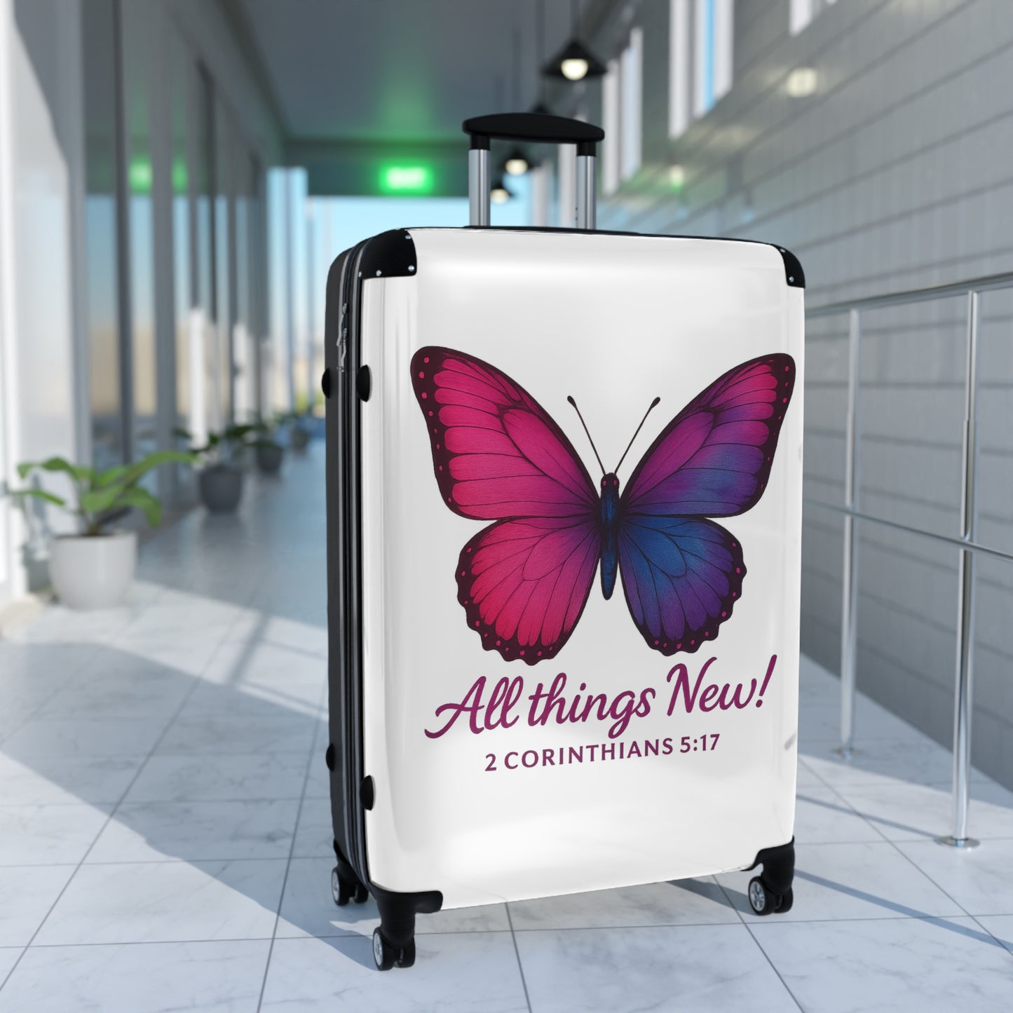 Butterfly-Design Suitcase, All Things New Inspirational Luggage, 2 Corinthians 5:17, Stylish Travel Accessory