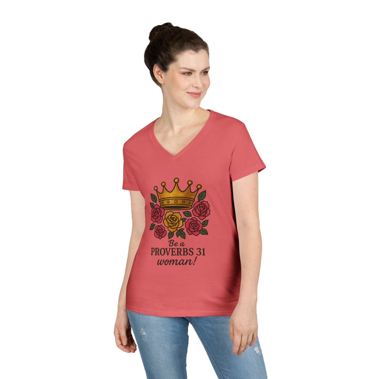 Proverbs 31 Inspirational V-Neck T-Shirt, Motivational Shirt for Women, Empowerment Tee, Gift for Her, Faith-Based Fashion