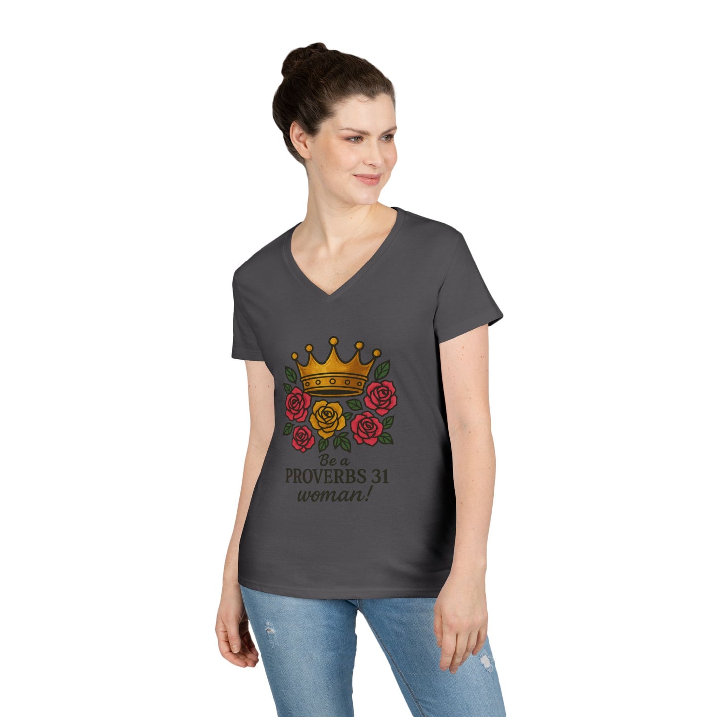 Proverbs 31 Inspirational V-Neck T-Shirt, Motivational Shirt for Women, Empowerment Tee, Gift for Her, Faith-Based Fashion