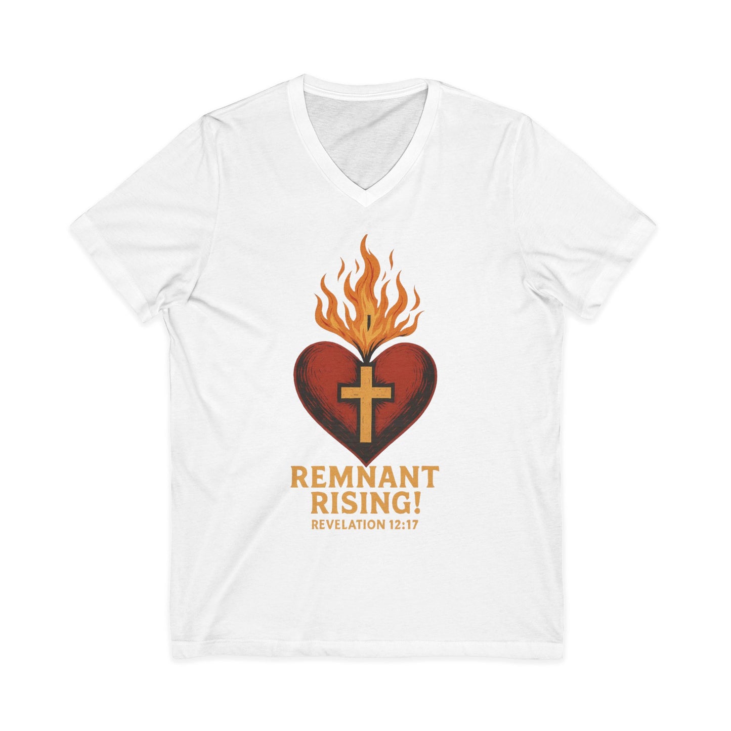 Remnant Rising! Christian V‑Neck T‑Shirt — Flaming Heart & Cross (Revelation 12:11)