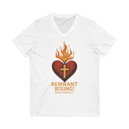Remnant Rising! Christian V‑Neck T‑Shirt — Flaming Heart & Cross (Revelation 12:11)