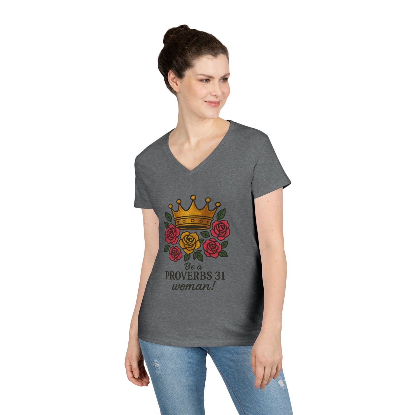 Proverbs 31 Inspirational V-Neck T-Shirt, Motivational Shirt for Women, Empowerment Tee, Gift for Her, Faith-Based Fashion