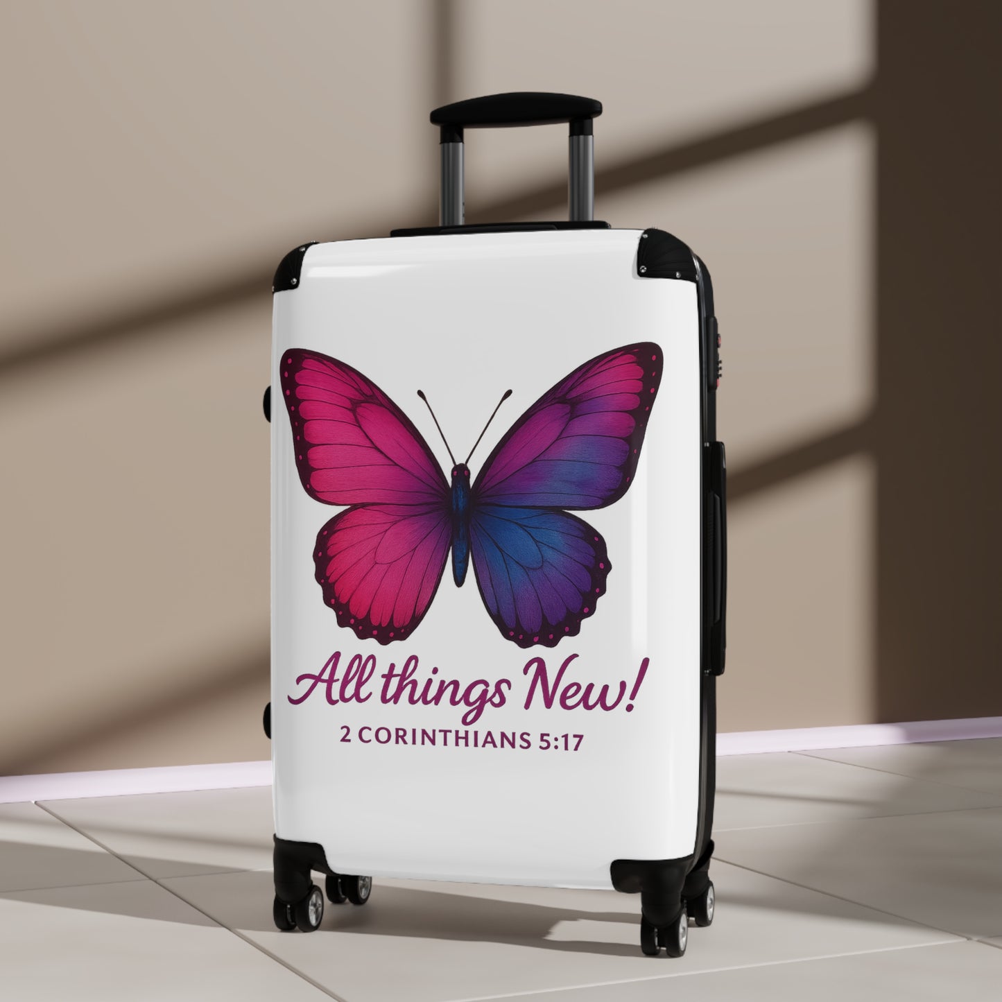 Butterfly-Design Suitcase, All Things New Inspirational Luggage, 2 Corinthians 5:17, Stylish Travel Accessory