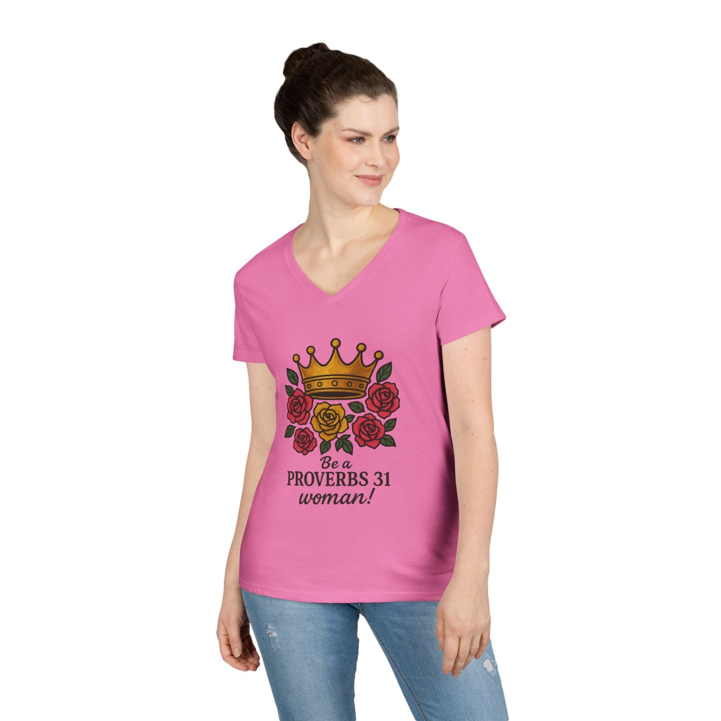 Proverbs 31 Inspirational V-Neck T-Shirt, Motivational Shirt for Women, Empowerment Tee, Gift for Her, Faith-Based Fashion