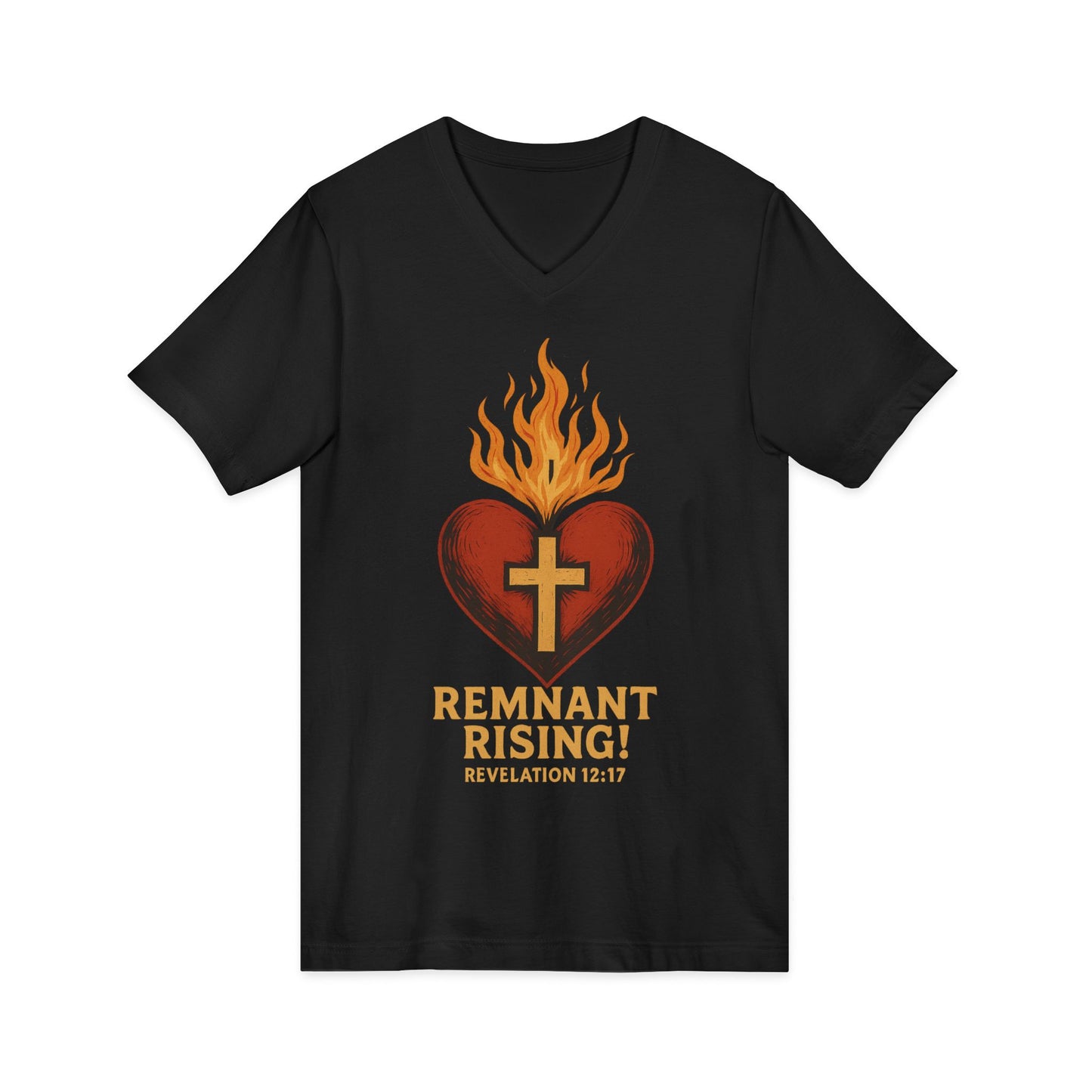 Remnant Rising! Christian V‑Neck T‑Shirt — Flaming Heart & Cross (Revelation 12:11)
