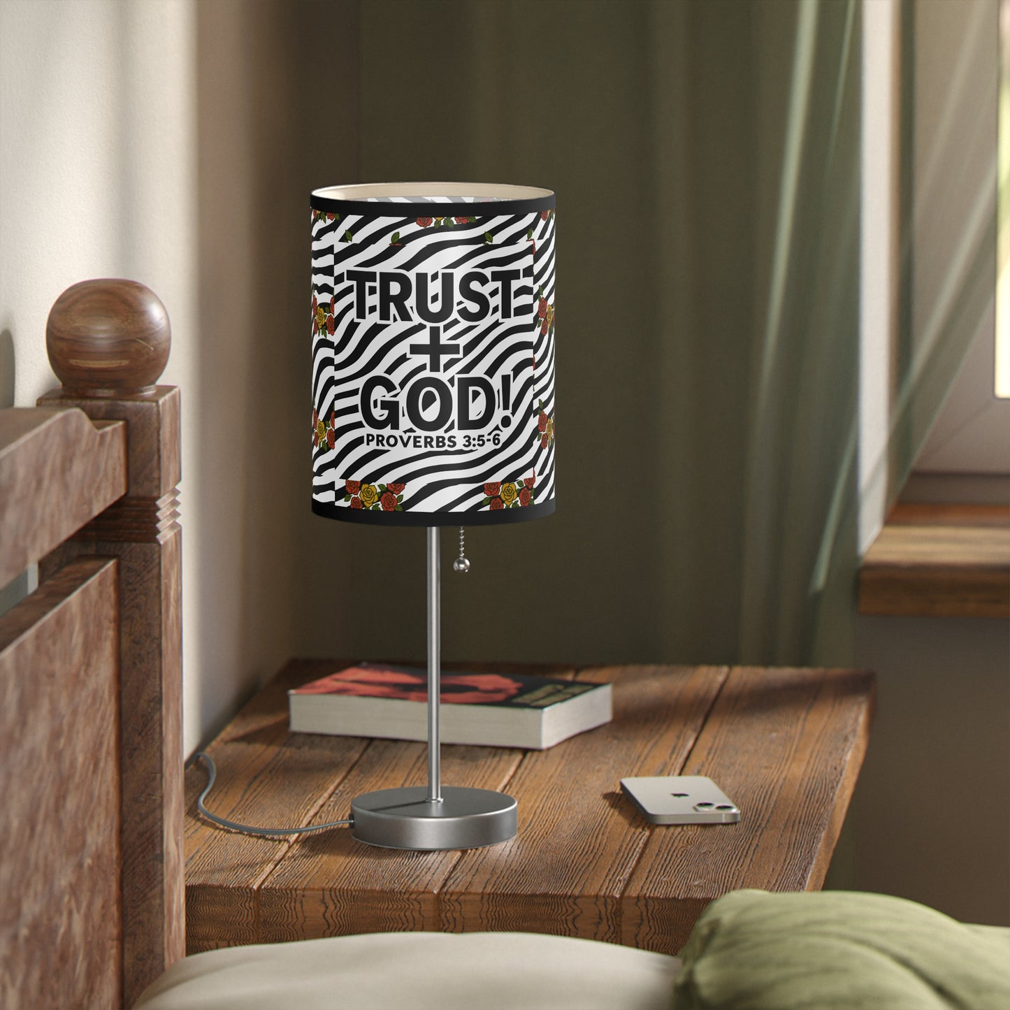 Trust God Table Lamp — Floral Zebra Print Lamp on Stand (Proverbs 3:5-6)