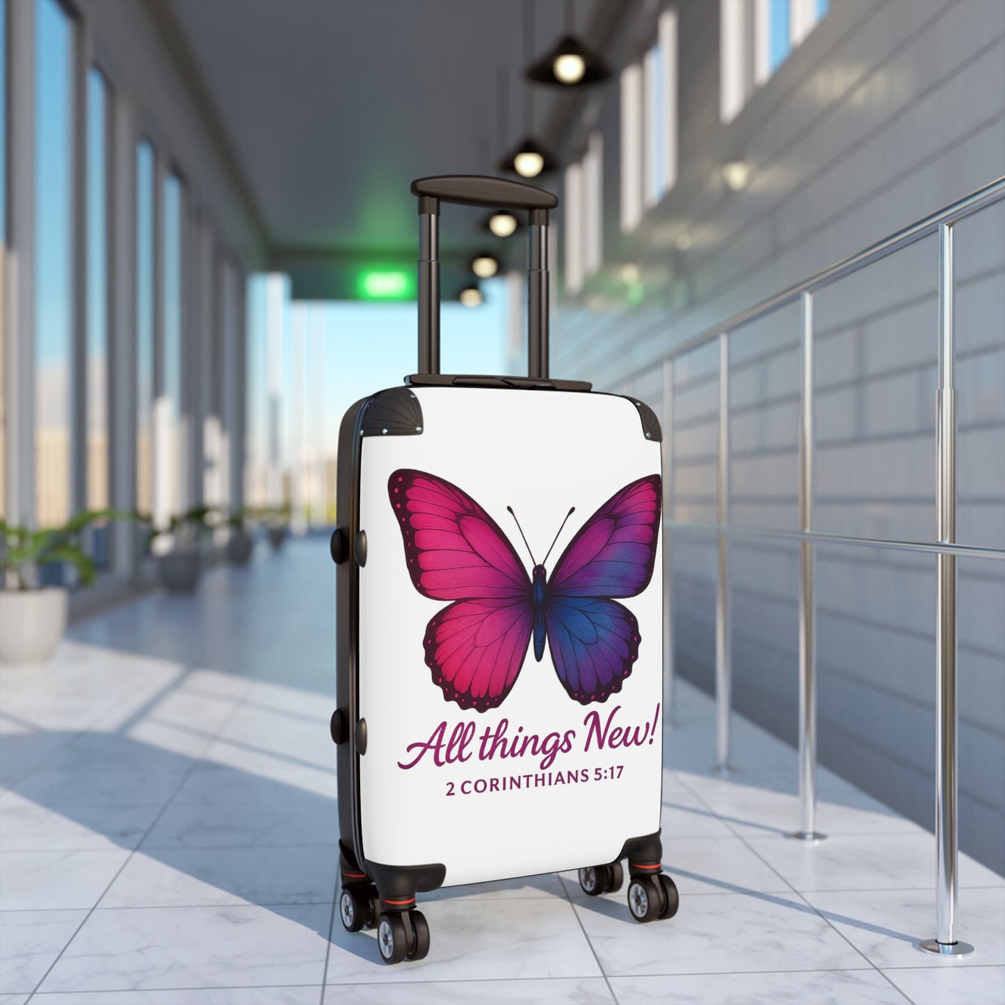 Butterfly-Design Suitcase, All Things New Inspirational Luggage, 2 Corinthians 5:17, Stylish Travel Accessory