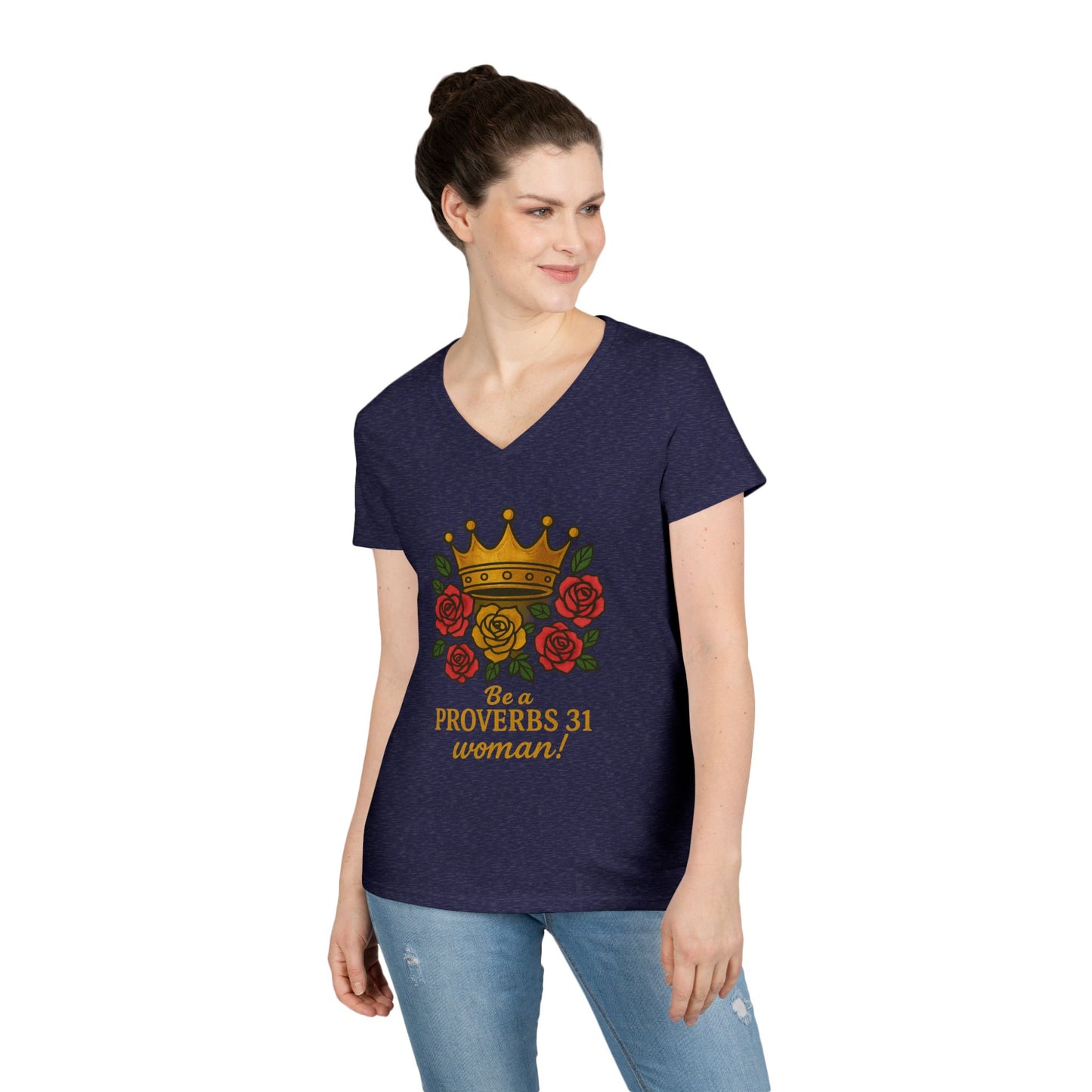 Proverbs 31 Inspirational V-Neck T-Shirt, Motivational Shirt for Women, Empowerment Tee, Gift for Her, Faith-Based Fashion