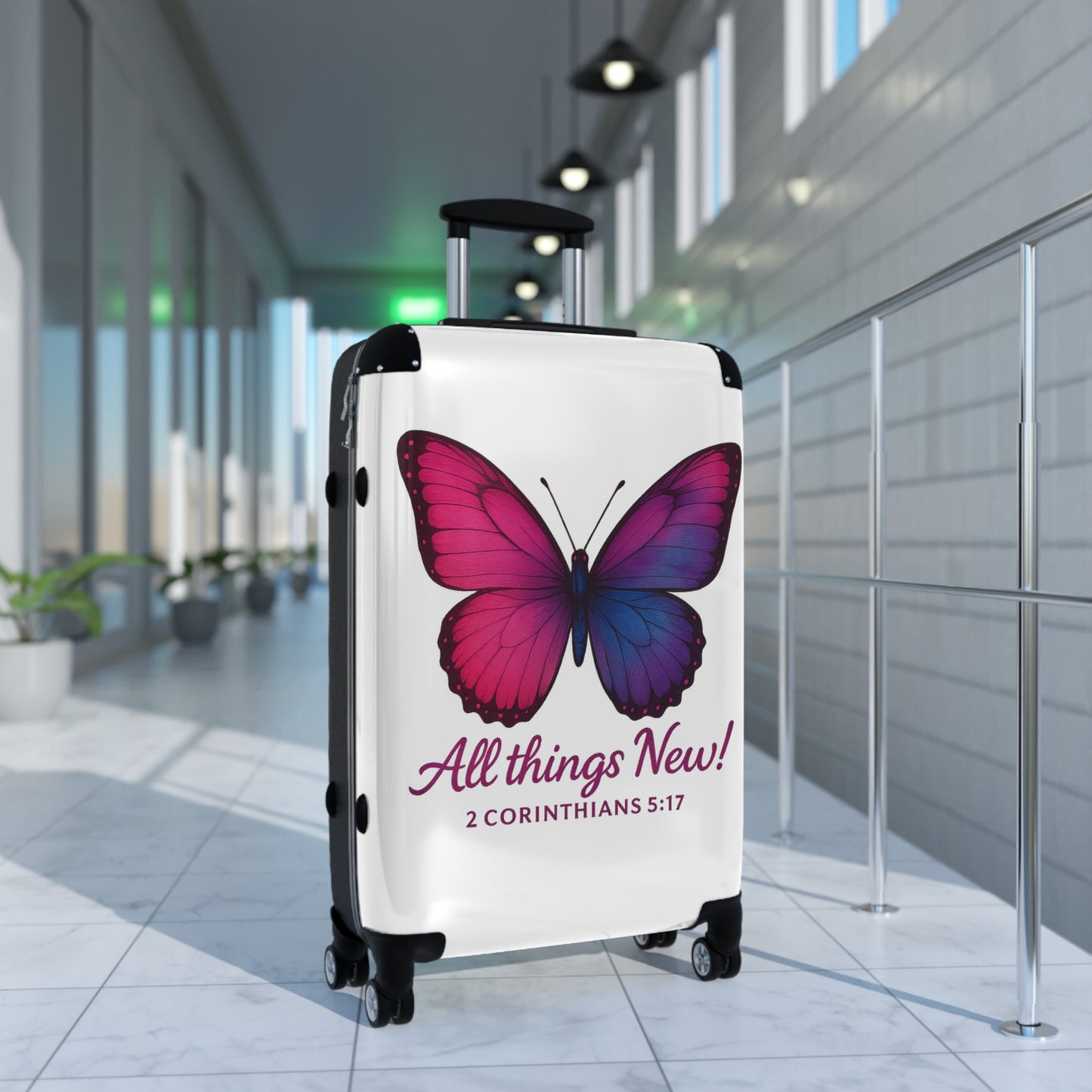 Butterfly-Design Suitcase, All Things New Inspirational Luggage, 2 Corinthians 5:17, Stylish Travel Accessory