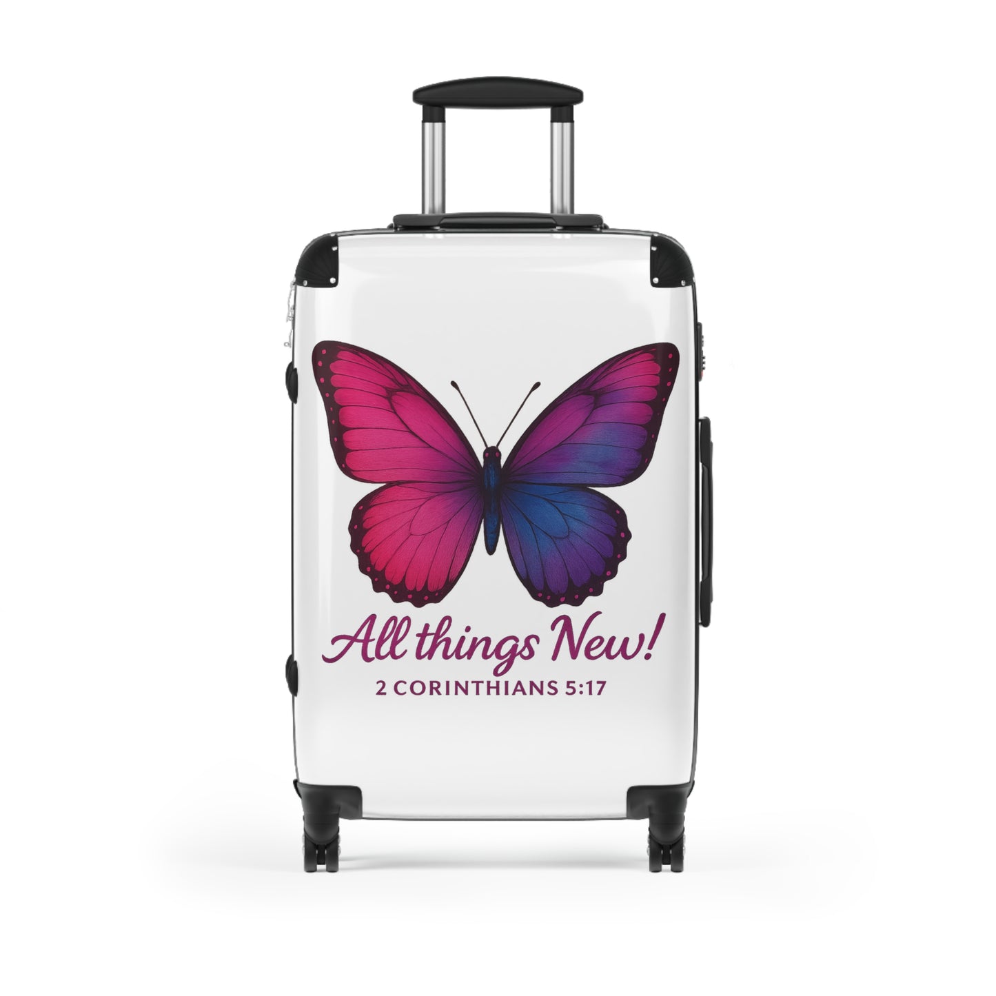 Butterfly-Design Suitcase, All Things New Inspirational Luggage, 2 Corinthians 5:17, Stylish Travel Accessory