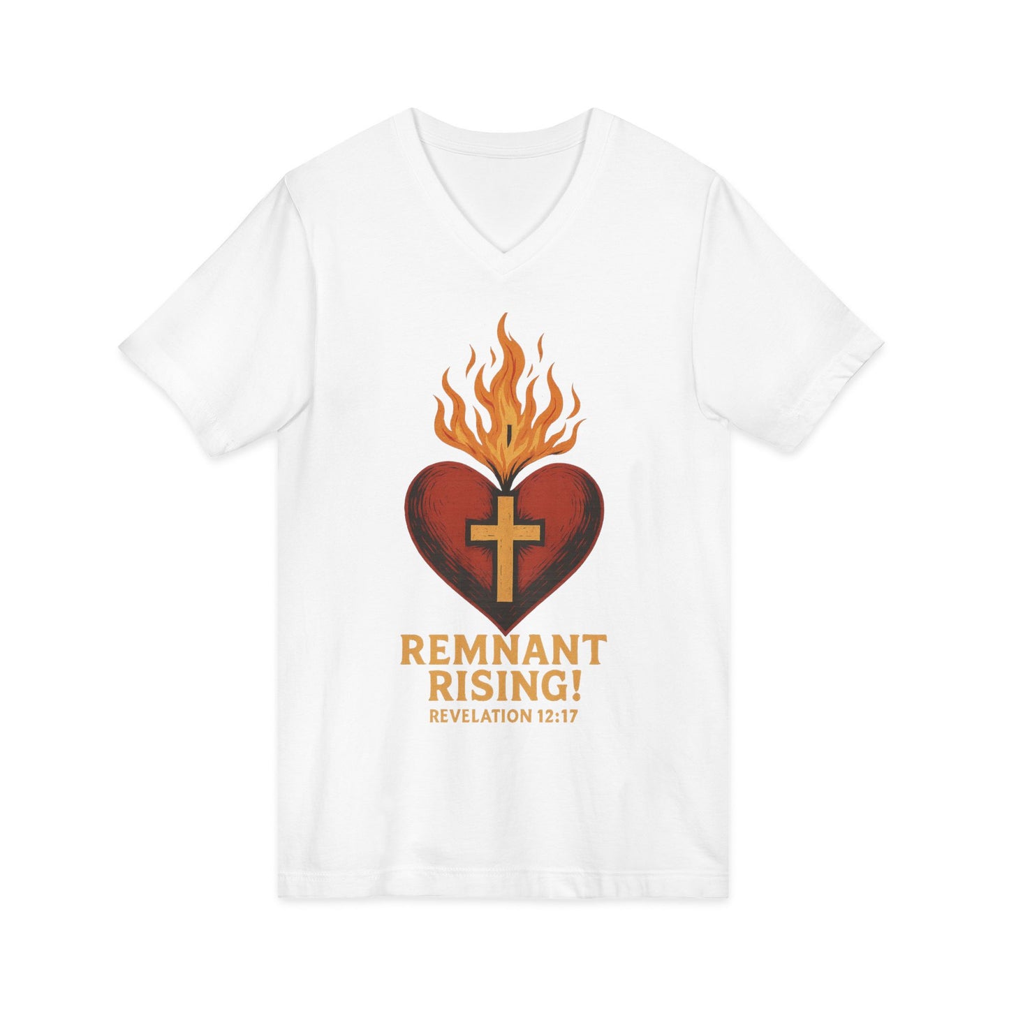 Remnant Rising! Christian V‑Neck T‑Shirt — Flaming Heart & Cross (Revelation 12:11)