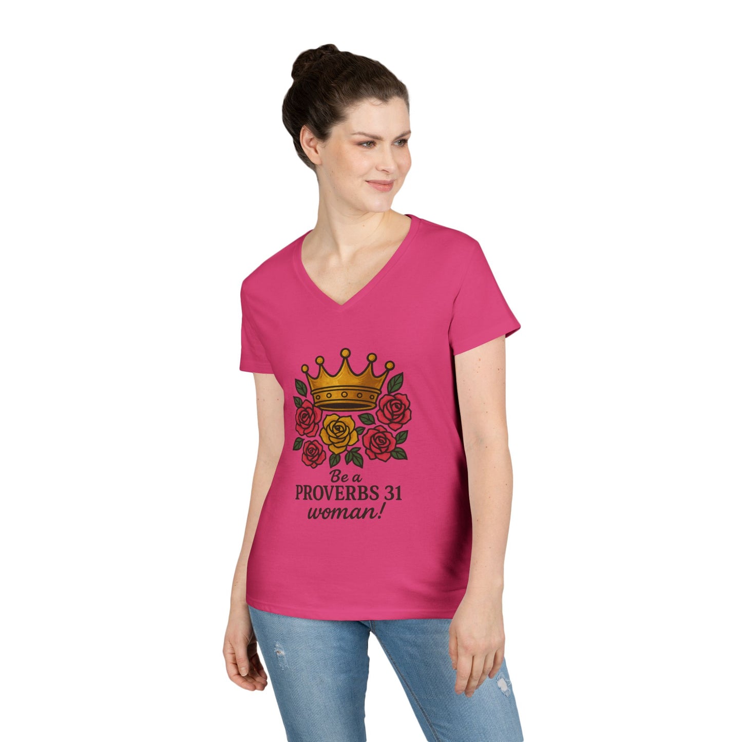 Proverbs 31 Inspirational V-Neck T-Shirt, Motivational Shirt for Women, Empowerment Tee, Gift for Her, Faith-Based Fashion